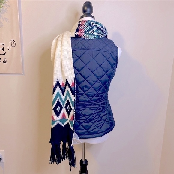 NWT Old Navy Warm Knit Fair Isle Scarf || 80” Long || Ivory w/ Pink Blue Green - Picture 3 of 14